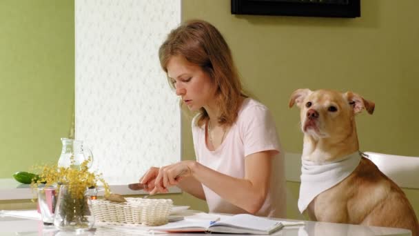 Vrouw met een hond in de keuken aan tafel. Ontbijt. Vriendschap van mens en huisdier. — Stockvideo