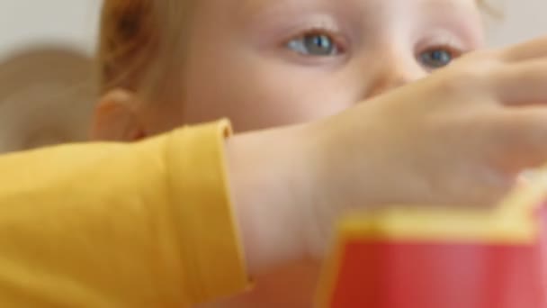 Menina criança come fast food. Comida de plástico. cadeia alimentar — Vídeo de Stock