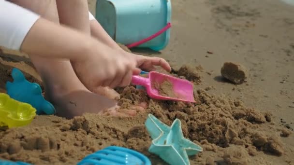 女の子は金型のフィギュアを使用してビーチで砂で遊ぶ。晴れた夏の日。休暇 — ストック動画