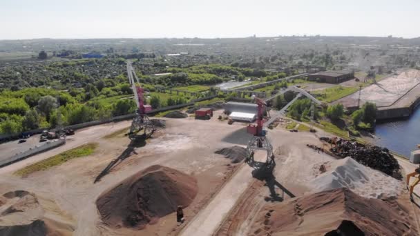 Cargo river port. Summer day. Aerial shooting — Stock Video