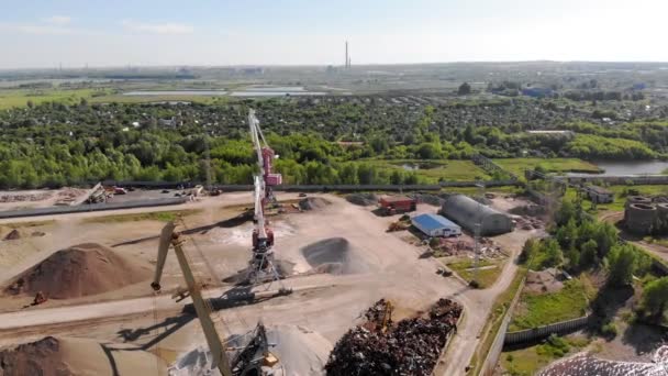 Cargo river port. Summer day. Aerial shooting — Stock Video