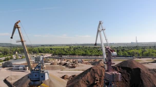 Cargo river port. Summer day. Aerial shooting — Stock Video