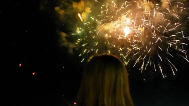 Színes tűzijáték a sötét égen, sok gyönyörű nagy lövés 4k — Stock videók