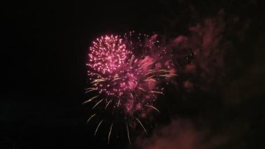 Karanlık gökyüzünde renkli havai fişek, güzel büyük çekim 4k çok
