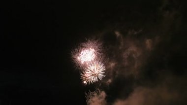 Karanlık gökyüzünde renkli havai fişek, güzel büyük çekim 4k çok