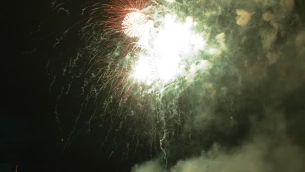 Színes tűzijáték a sötét égen, sok gyönyörű nagy lövés 4k — Stock videók