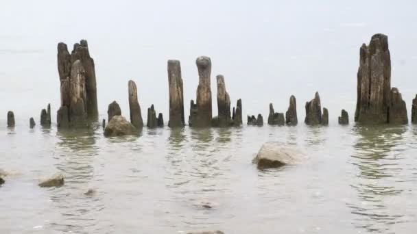 Cais de madeira destruídos no mar . — Vídeo de Stock