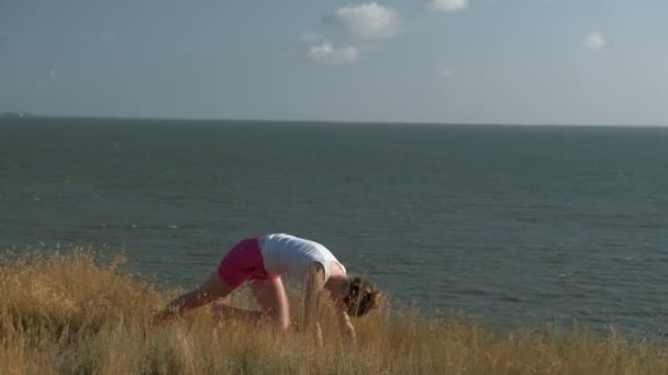 Молода жінка займається спортом на відкритому повітрі, йога — стокове відео