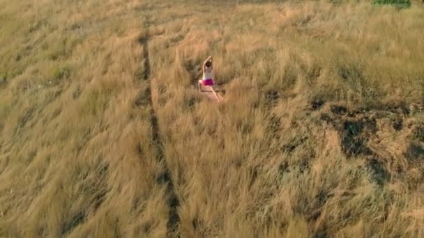 Mujer joven haciendo deportes al aire libre, yoga. vídeo aéreo — Vídeo de stock