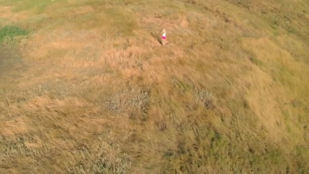 Mujer joven haciendo deportes al aire libre, yoga. vídeo aéreo — Vídeo de stock