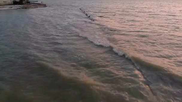 Fliegen über eine steinerne Sense im Meer. Luftaufnahmen — Stockvideo