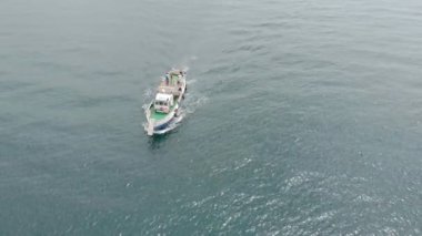  mavi denizde yelken beyaz tekne. Havadan çekim