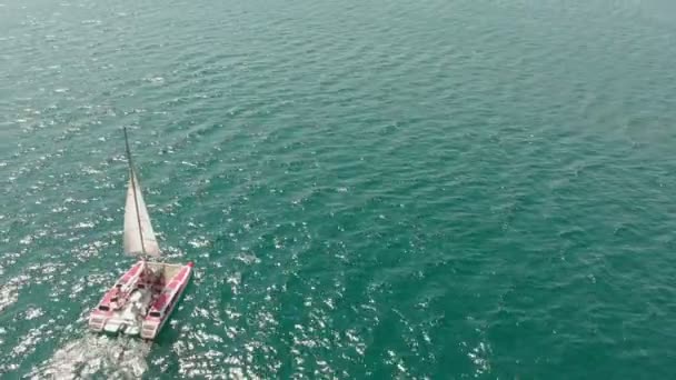 Een wit jacht met een zeil zweeft in de blauwe zee in de zomer. Luchtfoto — Stockvideo