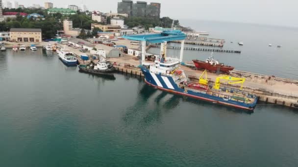 Dock for yachts and ships at sea. Aerial shot — Stock Video