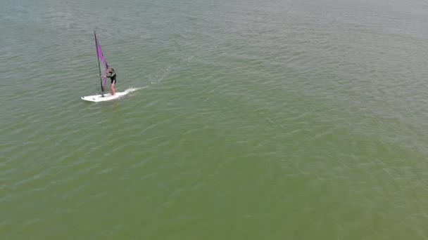 A man floats on a surf board with a sail. Aerial shot — Stock Video