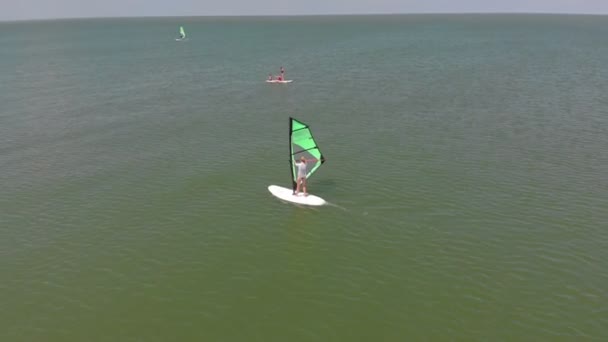 Ein Mann schwebt mit einem Segel auf einem Surfbrett. Luftaufnahme — Stockvideo