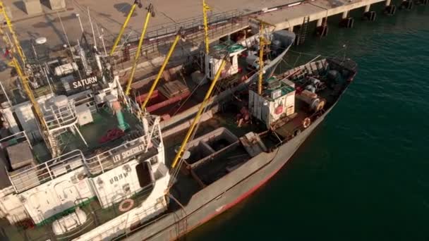 Flying over the marina and cargo port for ships in the sea. Aerial shot — Stock Video