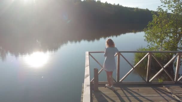 Eine junge Frau benutzt eine Tablette am Fluss. Luftaufnahme — Stockvideo