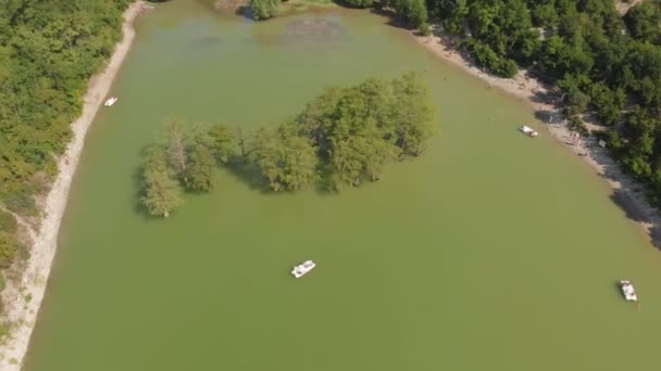 Lago de montaña con cipreses pantanosos. Disparo aéreo — Vídeos de Stock