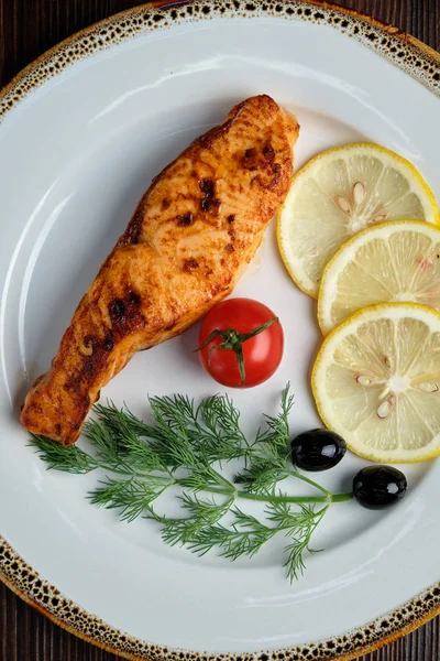 Grilled salmon steak with side dish . catering menu — Stock Photo, Image