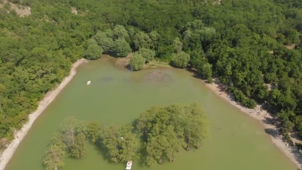 Горное озеро с болотными кипарисами. Воздушный удар — стоковое видео