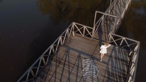 Uma jovem usa um tablet junto ao rio. Tiro aéreo — Vídeo de Stock