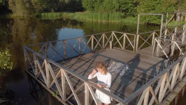 若い女性が川のそばのタブレットを使う。航空写真 — ストック動画
