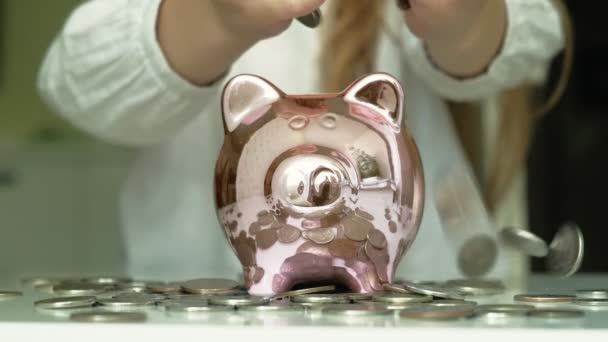 女の子の未就学児は、貯金箱ピンクの豚にお金を入れます — ストック動画