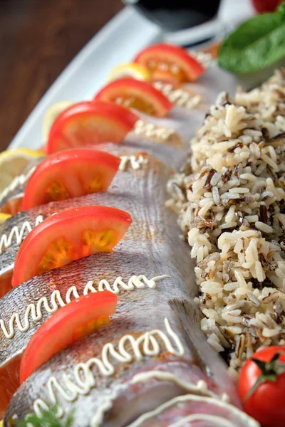 Stuffed fish with vegetables and rice. catering menu — Stock Photo, Image