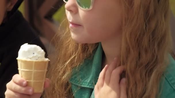 한 소년과 소녀가 공원 벤치에 앉아 아이스크림을 먹고 있다. 여름 — 비디오