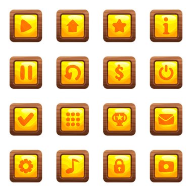 Çizgi film vektör kare düğmeleri ahşap çerçeve, beyaz arka plan üzerinde izole sarı ortaları ve simgeler ile ayarlayın.