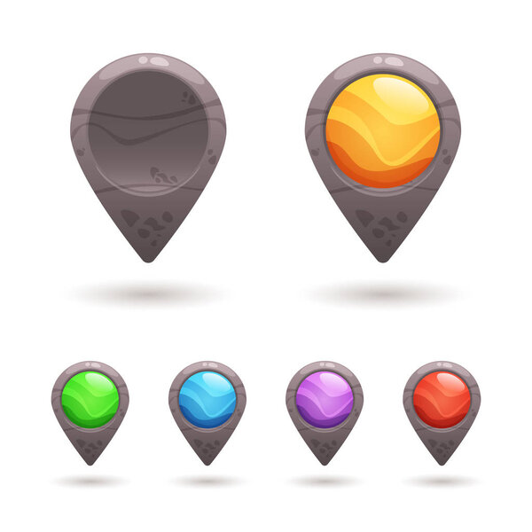 Set of colorful and empty vector stone map pointers, markers. Cartoon elements for web or game design isolated on pastel background.