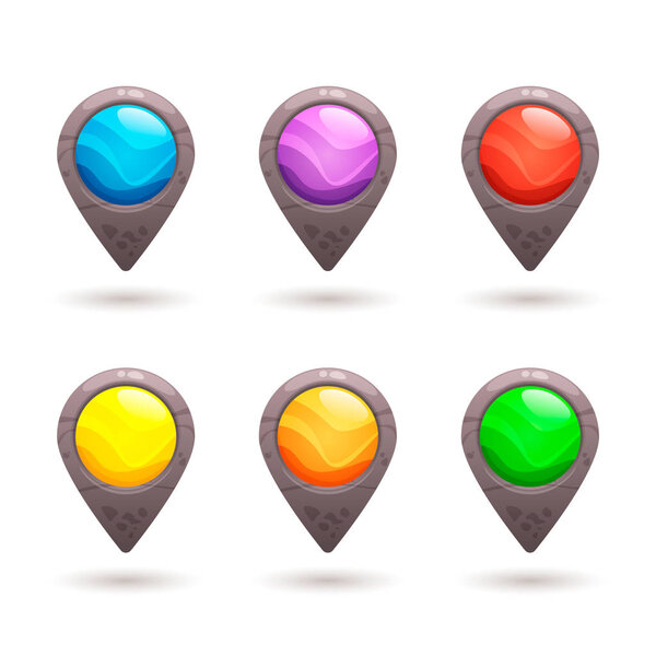 Set of colorful vector stone map pointers, markers. Cartoon elements for web or game design isolated on pastel background.