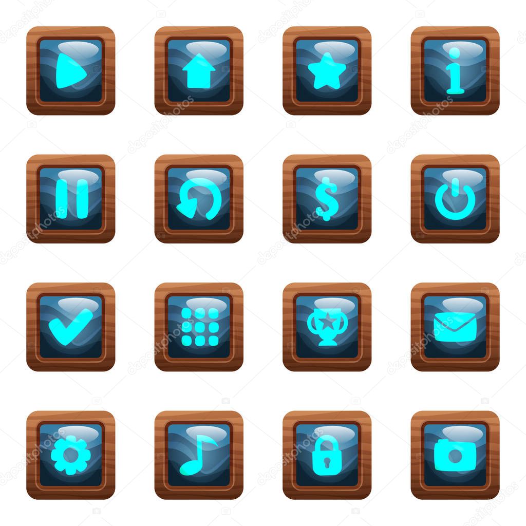Cartoon vector square buttons set with dark middles and blue icons in wooden frame, isolated on white background.