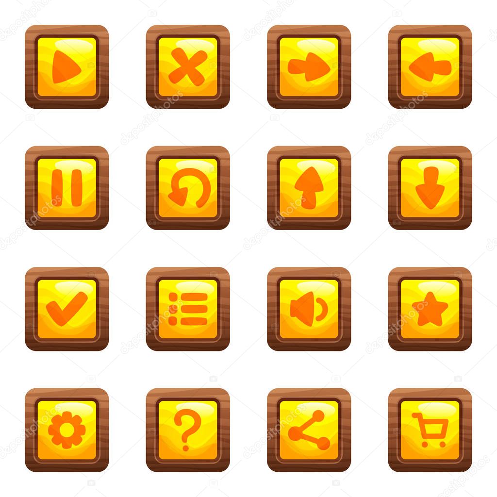 Cartoon vector square buttons set with yellow middles and icons in wooden frame, isolated on white background.