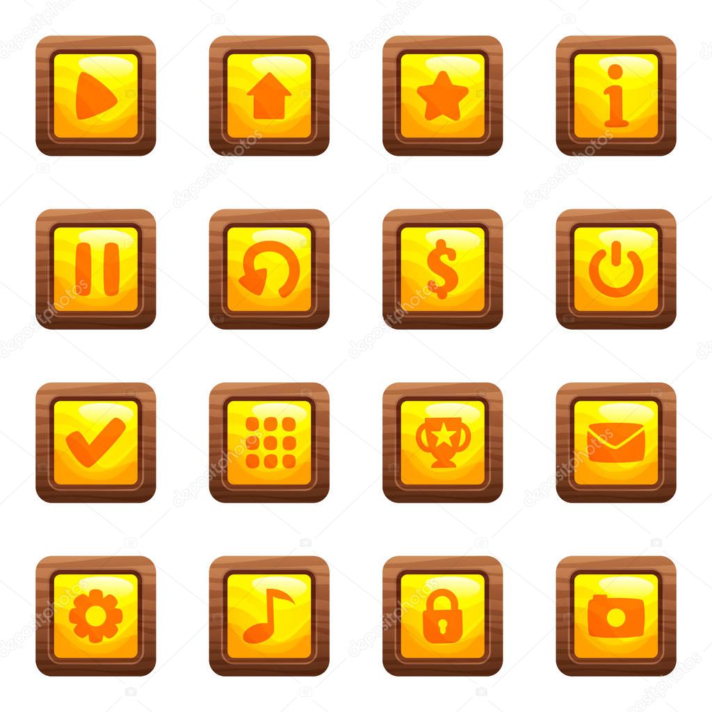 Cartoon vector square buttons set with yellow middles and icons in wooden frame, isolated on white background.