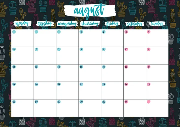 Lindo Imprimir Calendario Listo Para Agosto Con Notas Planchadora Mensual — Archivo Imágenes Vectoriales