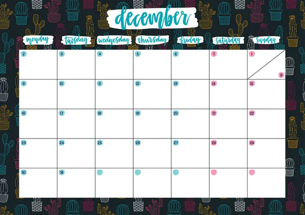 Lindo Imprimir Calendario Listo Para Diciembre Con Notas Planchadora Mensual — Archivo Imágenes Vectoriales