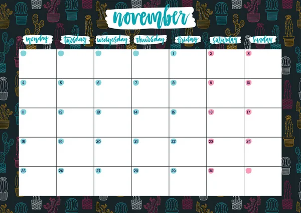 Niedlichen Druckfertigen Kalender Für November Mit Notizen Monatlicher Hobel Für — Stockvektor