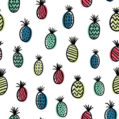 Neon ananas seamless modeli. Şirin elle çizilmiş karalamalar. Vektör şablon tasarım Tekstil, arka planlar, Ambalaj Kağıt, kumaş, duvar kağıdı paketleri.