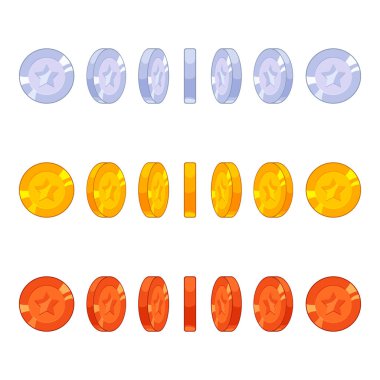 Gümüş, altın ve bronz sikke ile beyaz arka plan üzerinde izole yıldız oyun simgeler kümesi. Madeni para döndürme adımları vektör çizim. Oyun varlık öğeleri koleksiyonu.