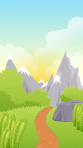 Cute cartoon game landscape background with hill, road, stone, plants,  bushes and mountains. Vector illustration for gui, web design, phone  wallpaper. - Stock Image - Everypixel