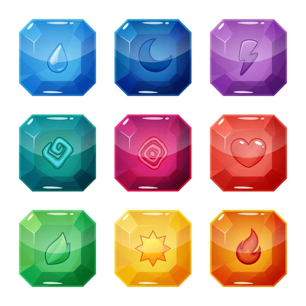 Conjunto de nueve cristales de diferentes colores, piedras preciosas, gemas, diamantes con signos temáticos mágicos . — Vector de stock