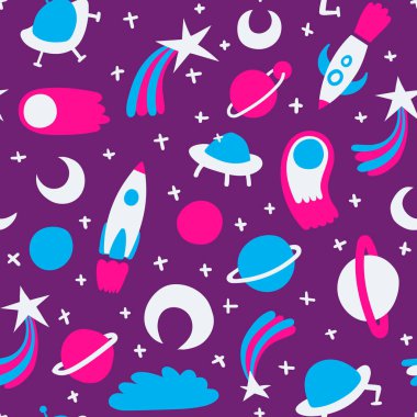 Uzay gemileri, gezegenler, kuyruklu yıldızlar, çekim yıldız ve Parıltılar ile uzay sorunsuz desen.