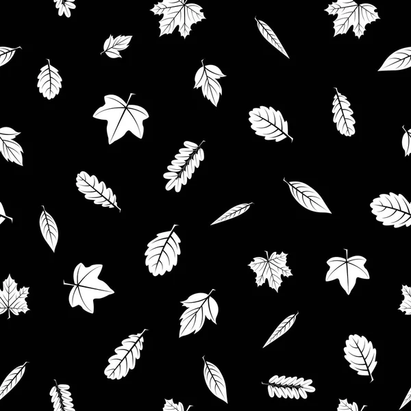 Texture Sans Couture Feuilles Blanches Différents Arbres Sur Fond Noir — Image vectorielle