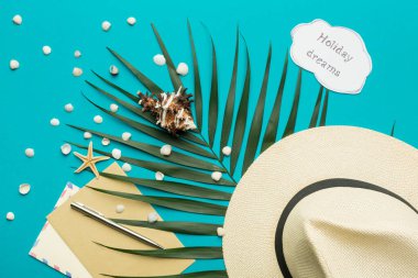 Yaz tatili kavramı. Parlak bir arka planda erkek şapkası ve palmiye dalı. Üst görünüm, boşluk kopyala