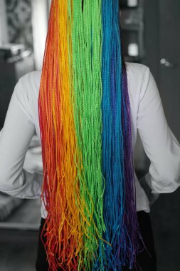 Afrika tarzı, zizi pigtails, kanekalon ile örgüler, kızlar, gökkuşağı renkleri gençlik, renkli saç için saç modelleri renkli ince örgü