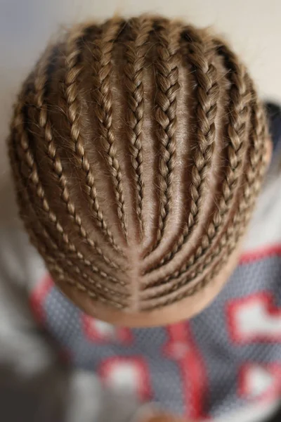 アフリカのお下げ テキスト ハーネス 青年美容師美容院 マスターの仕事 三つ編みを編むのクローズ アップのための背景の背景 — ストック写真