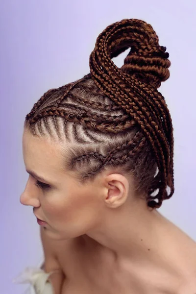 アフリカのおさげ髪 白い背景に 髪の毛のテクスチャ図面上のエキゾチックな髪型のクローズ アップの女の子の髪を編み 美容院 — ストック写真