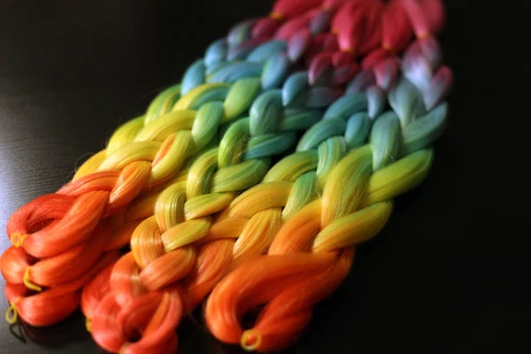 Colored Hair Artificial Material Braiding American African Braid Rainbow Color — Stock Photo, Image